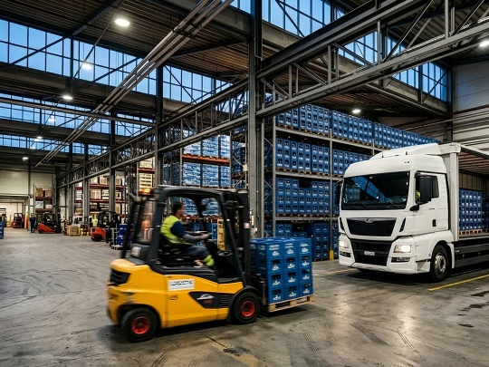 Inside a high-bay warehouse, a forklift transports palletised goods past racked inventory while a truck is positioned for unloading. The wide central aisle and on-floor activity reflect controlled receiving, stock accuracy and supply chain integrity—supporting independent inspection, audit and compliance in regulated logistics operations. Inside a high-bay warehouse, a forklift transports palletised goods past racked inventory while a truck is positioned for unloading. The wide central aisle and on-floor activity reflect controlled receiving, stock accuracy and supply chain integrity—supporting independent inspection, audit and compliance in regulated logistics operations.